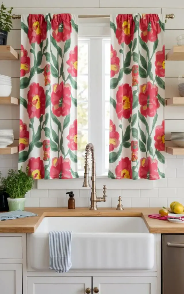 A bright farmhouse kitchen sink with a brushed nickel faucet. The sink is framed by bold floral print kitchen window curtains above the sink. The curtains have vibrant red and yellow flowers with green leaves. The curtains add a splash of color and life to the space. Wooden countertops and open shelving filled with fresh herbs and dishes enhance the lively vibe.