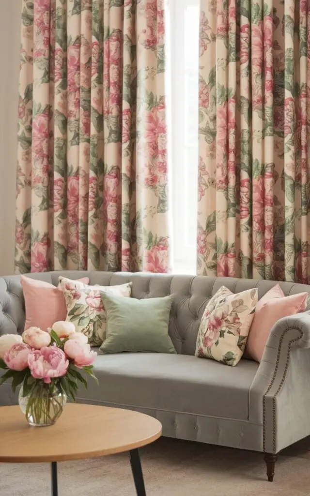 A charming living room with floral-printed curtains in soft pastel tones of pink, green, and cream. There's a very cozy gray velvet sofa with tufted detailing, adorned with floral-patterned and solid pastel cushions. A round wooden coffee table holds a vase of fresh peonies, completing the romantic look.