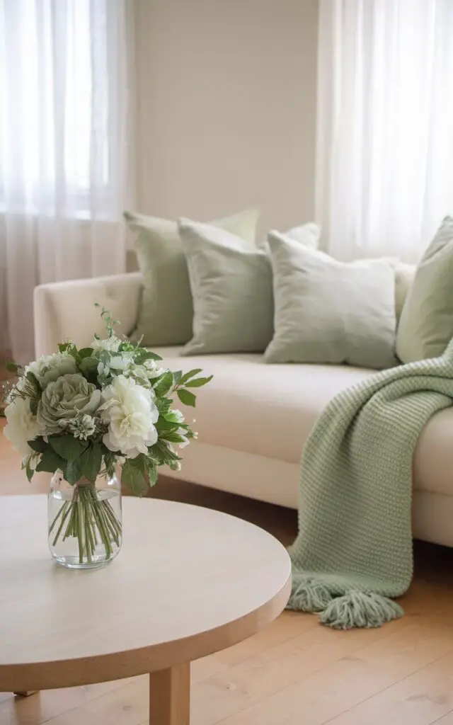 A bright and airy sage green living room with floral accents. There is a very cozy cream sofa decorated with sage green cushions and a knit throw. A bouquet of sage green and white flowers in a glass jar sits on a wooden round coffee table, adding a fresh, organic touch. The walls are painted a neutral hue, while light wood flooring and sheer curtains keep the space light and welcoming.