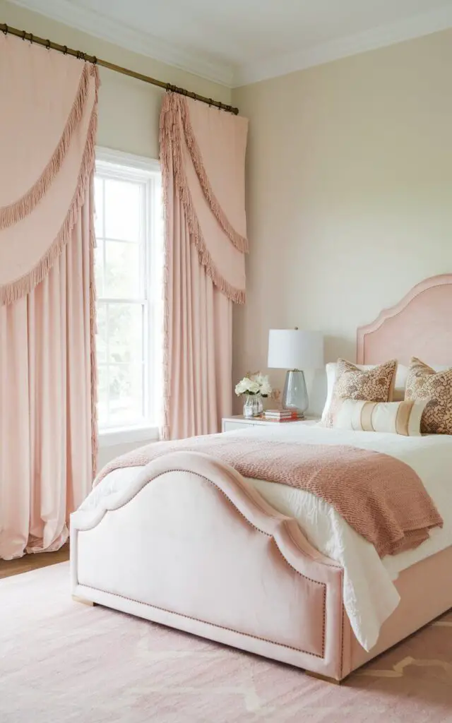 A photo of a playful bedroom with fringe-trimmed bedroom window curtains in a soft pastel pink. The curtains create movement and charm, hanging from a sleek brass curtain rod. A very cozy upholstered bed with a smooth, arched headboard in pale pink velvet sits nearby, adorned with white bedding and fun, patterned throw pillows. A blush-colored rug underfoot complete the cheerful and feminine design.