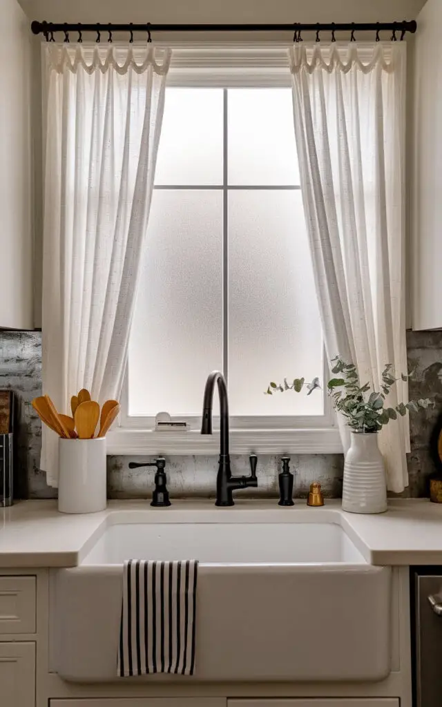 A photo of a modern farmhouse kitchen with a sink and a matte black faucet. Above the sink, there's a frosted kitchen window with curtains. The curtains are semi-transparent, providing privacy while allowing soft light to filter through. The setup is complemented by white countertops, a metallic backsplash, and minimalist decor.