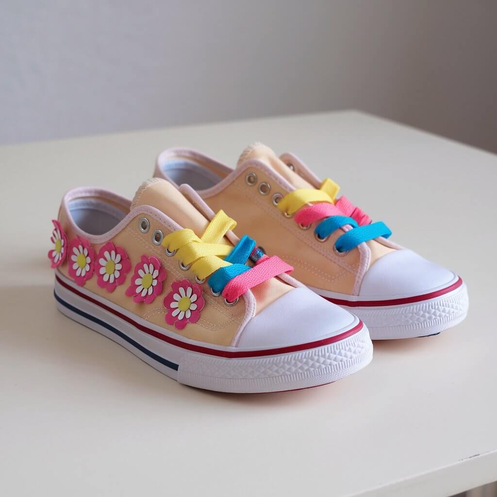 A photo of a pair of sneakers with homemade duct tape decorations. The sneakers are placed side by side on a plain white table. The duct tape decorations include a floral design in pink and yellow on the sides of the sneakers and colorful accents on the laces. The decorations are neatly cut and adhered for a smooth finish. The design looks like it was made by a kid.