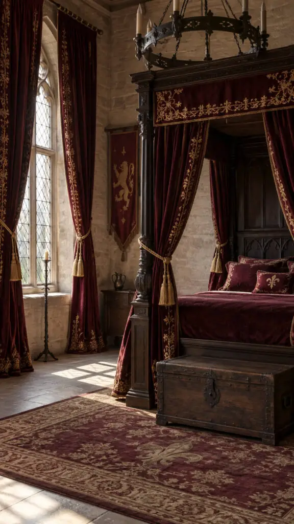 Gothic Castle Bedroom in Burgundy and Gold