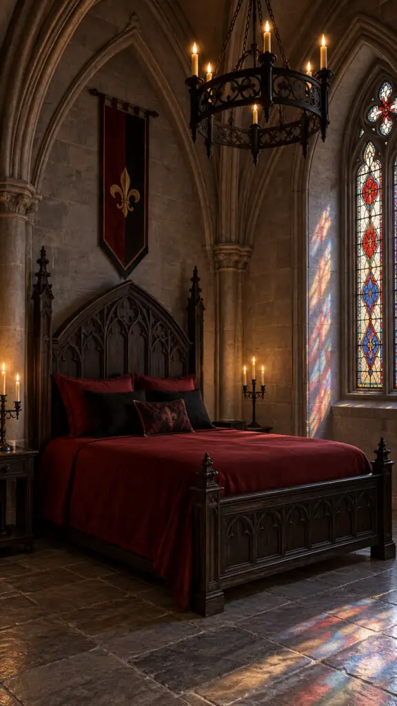 Gothic Crimson Chamber with Stained Glass