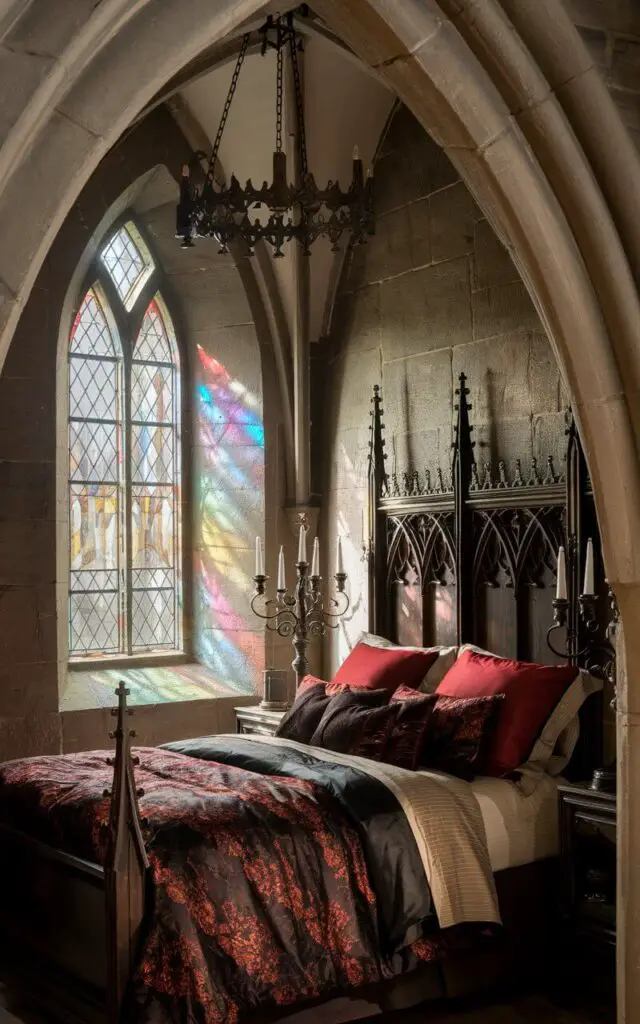 A photo of a medieval bedroom with a cozy bed framed by gothic-style arches and pointed window designs. The bed’s headboard features ornate carvings in dark wood, and the bedding is rich in red and black tones. A tall, arched window with stained glass casts colorful light onto the stone walls. Iron candleholders and a gothic chandelier complete the dramatic look.