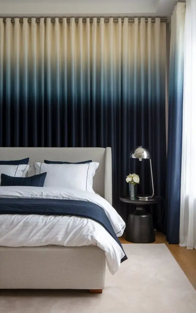 A photo of a modern bedroom with a gradient bedroom window curtain transitioning from a soft cream at the top to a rich navy at the bottom. The curtains create a calming ombre effect, perfect for a contemporary aesthetic. A very cozy upholstered bed with clean, square lines in light gray fabric sits in front of the window, dressed in white and navy linens to tie the look together. A polished chrome bedside lamp and a minimalist black side table provide a sleek finishing touch.