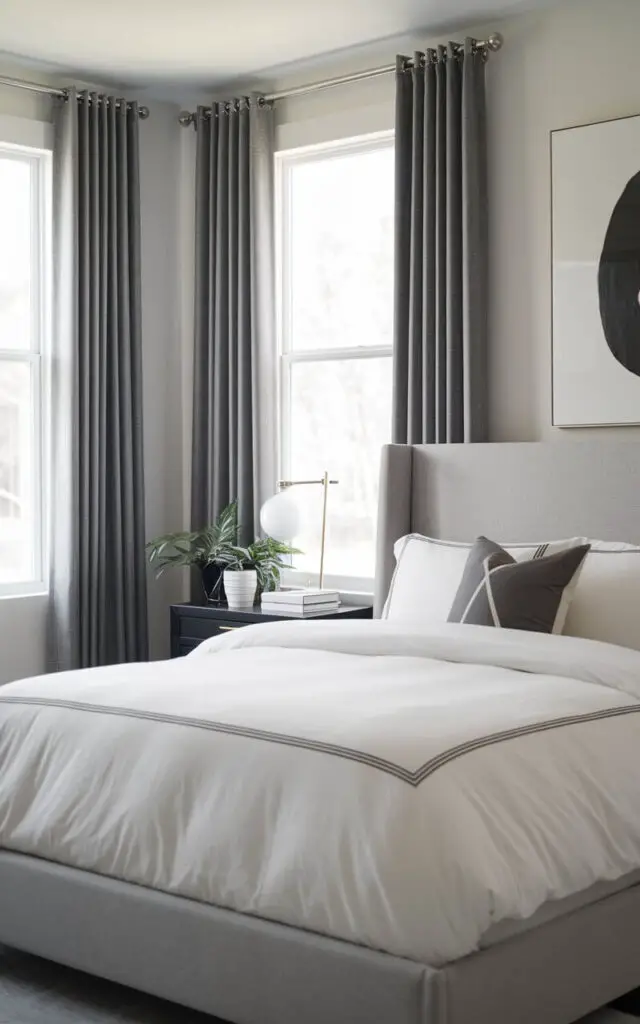 A photo of a sleek and modern bedroom with charcoal gray bedroom window curtains and shiny silver grommets. The room features a cozy upholstered bed with clean lines and a low-profile headboard in light gray linen. The bedding is crisp white with subtle geometric accents. A minimalist black nightstand with a modern lamp is placed next to the bed. The room has a few decorative items, including a plant and a wall art piece.