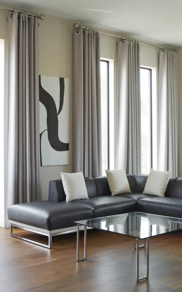 A photo of a sleek and modern living room with light gray grommet curtains and shiny chrome rings. A dark gray sectional sofa with a chaise is styled with minimalist white and black cushions. A glass-top coffee table with steel legs is placed in front of the sofa. There is an abstract wall art piece that complements the contemporary vibe. The room has a hardwood floor and the walls are painted in a light color.