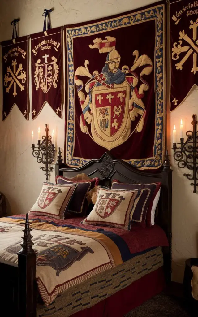 A medieval bedroom with a cozy bed adorned with heraldic-themed bedding. The walls are decorated with banners displaying family crests and shield motifs. A large tapestry above the bed showcases a knight's coat of arms. The bed frame is made of dark wood, and the bedding includes deep red and golden hues. Iron sconces on the walls hold lit candles, which add to the regal atmosphere.