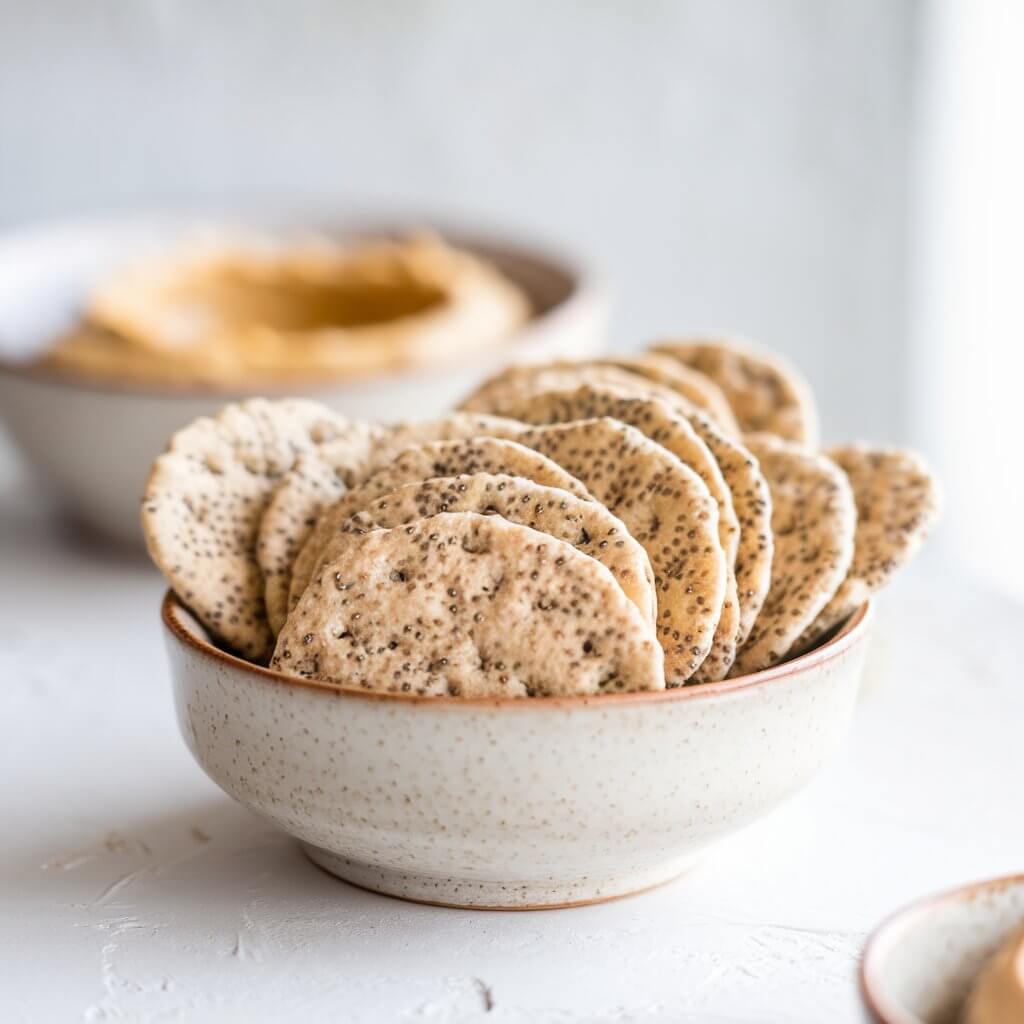 A photo of a bowl of homemade crackers with a light beige color, speckled with tiny chia seeds, giving them a textured appearance. The crackers are arranged in a neat mound. In the background, a slightly out-of-focus bowl of hummus is visible, adding depth to the image. The bowls are ceramic, with a rustic, slightly textured finish that complements the wholesome, natural aesthetic of the crackers and dip. The overall scene is bright and inviting, with soft, natural lighting emphasizing the fresh and healthy vibe of the snack. The setting includes a white, minimalist surface with a clean and simple presentation.