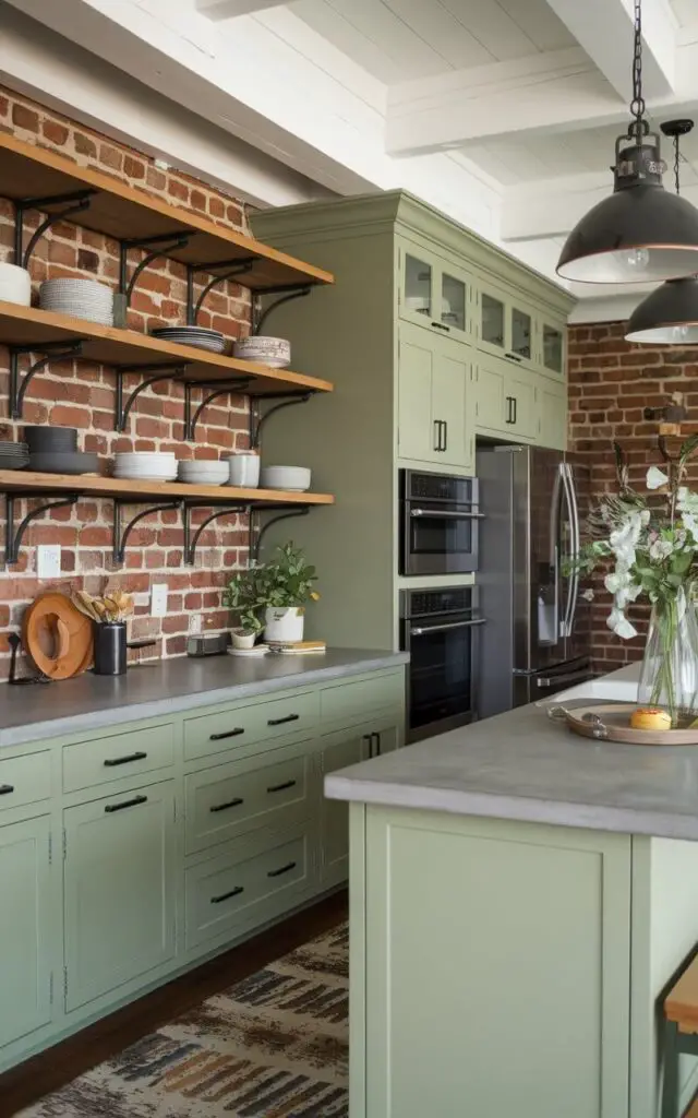 A close-up of a contemporary sage green kitchen with industrial design elements. The cabinets, painted in sage green, are paired with exposed metal shelving and concrete countertops. Pendant lights with metal shades hang above the island, creating a stylish contrast. A brick accent wall and stainless steel appliances complete the industrial-chic aesthetic.