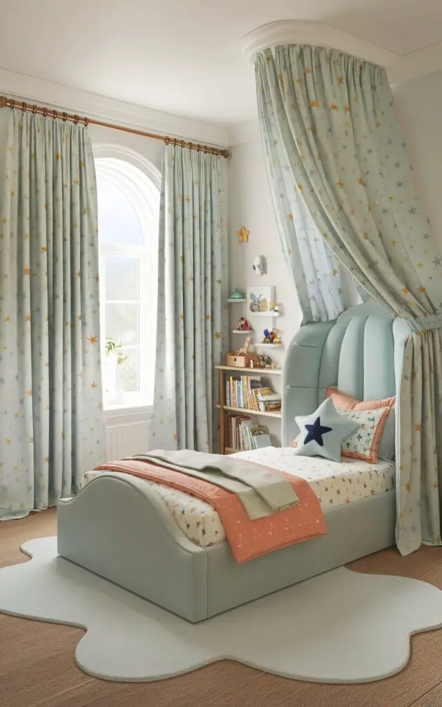 A whimsical children's bedroom with a window adorned with playful star-printed bedroom window curtains in soft blue and white. The curtains create a cheerful and magical vibe, perfect for inspiring young imaginations. A very cozy upholstered bed with a curved headboard is adorned with colorful bedding and star-shaped throw pillows. A small bookshelf filled with toys and books sits beside the window, and a soft, cloud-shaped rug ties the room's playful theme together.