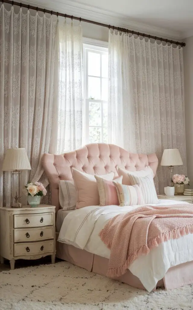 A photo of a dreamy bedroom with a delicate lace bedroom window curtain. The curtain hangs elegantly over a wide window, casting a soft pattern on the wall. The natural light filters through the lace, creating a romantic and vintage-inspired ambiance. A cozy upholstered bed with a button-tufted headboard in a soft blush pink fabric sits beneath the window. The bed is styled with white linens and pastel throw pillows. A shabby-chic nightstand, adorned with a vintage lamp and fresh flowers, adds charm. A white shag rug completes the cozy vibe.