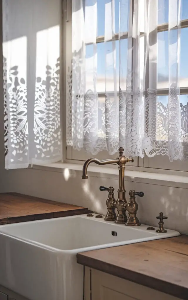 A vintage-style farmhouse kitchen with an oil-rubbed bronze faucet. The kitchen sink is placed beside a wooden countertop. Above the sink, there's a window with sheer lace curtains. The curtains cast intricate lace patterns on the wall, creating a soft and romantic ambiance.