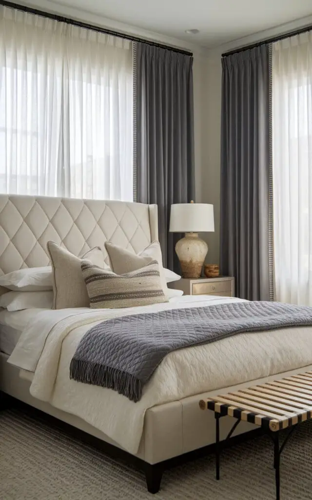 A thoughtfully designed bedroom showcasing layered curtains on the bedroom window. Sheer white panels gently soften the incoming daylight, while heavy charcoal gray drapes provide privacy and light control when needed. A very cozy upholstered bed with a diamond-tufted headboard in a soft cream color is the room's centerpiece, topped with layers of cozy linens and a quilted gray throw blanket. A contemporary nightstand with a ceramic lamp and a woven basket adds charm to the decor.