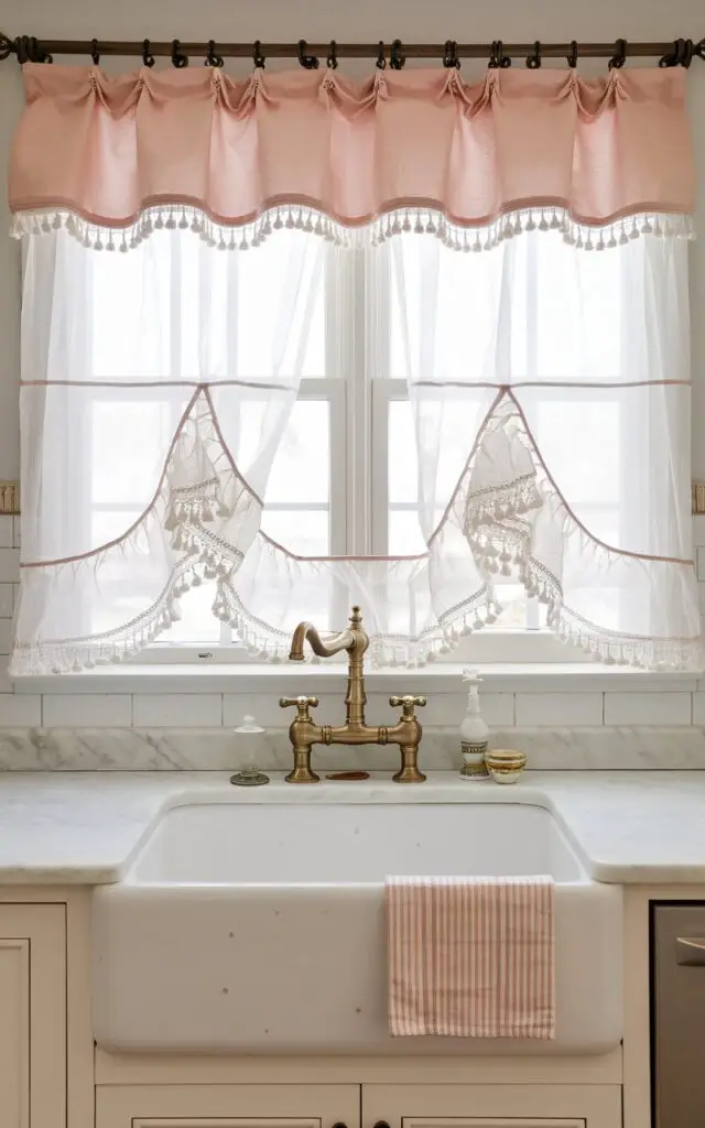 A charming farmhouse kitchen sink with an antique brass faucet is the focal point. The sink is placed under a double curtain rod setup, featuring sheer white curtains layered under a pastel pink valance. The layered kitchen window curtains above the sink provide both functionality and style. The marble countertops are smooth and have a few small scratches.