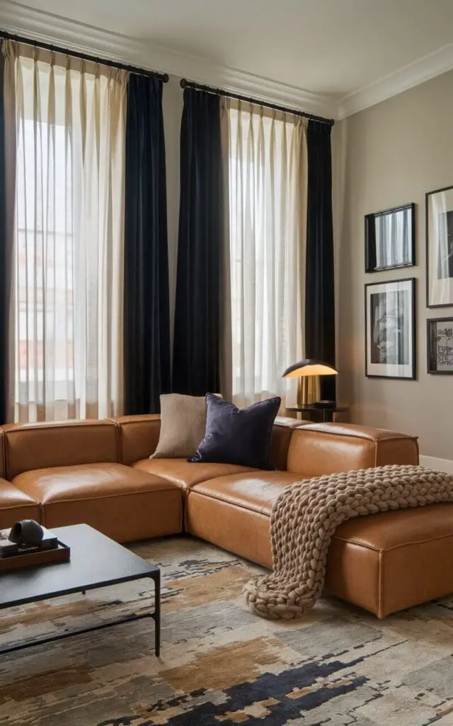 A sophisticated living room with layered curtains: soft beige sheers beneath heavy navy-blue blackout drapes. A very cozy leather sectional sofa in caramel tones is paired with a chunky knit throw and a mix of velvet and linen cushions. The space features a modern black coffee table, an abstract area rug, and a gallery wall of monochrome art. A subtle glow from a brass table lamp adds warmth.