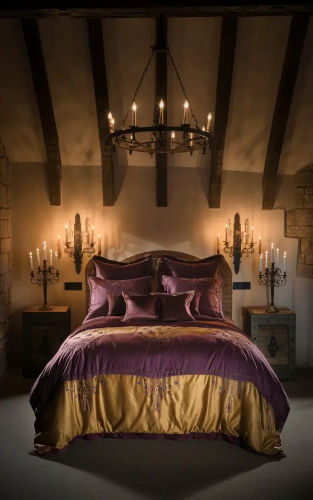 A photo of a medieval bedroom with a cozy bed bathed in the flickering glow of wall-mounted sconces and tabletop candelabras. The bed is illuminated by a wrought iron chandelier suspended from a vaulted ceiling with exposed beams. The bedding features rich purple and gold tones, with embroidered details that shimmer in the warm light. The room's rustic wooden furniture and stone wall accents are softly highlighted, creating an enchanting and moody atmosphere.