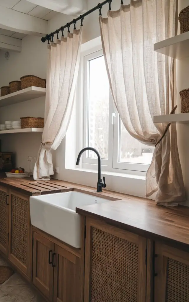 A modern farmhouse kitchen with a wooden countertop. There is a white sink with a sleek black faucet. Above the sink, there is a window with soft beige linen curtains. The curtains have a slightly crumpled texture, adding a relaxed vibe. On the open shelves above the window, there are woven baskets. The floor has a beige tile.