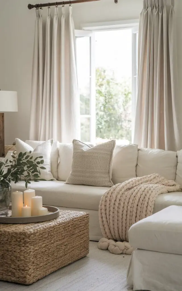 A photo of a serene living room with off-white linen curtains gently swaying by the open window. A very cozy beige sectional sofa is styled with textured neutral cushions and a chunky knit throw. A woven coffee table holds a tray with candles and greenery, while light wood accents give the room a natural, airy feel.