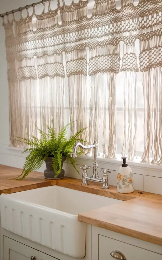 A photo of a farmhouse kitchen sink with a faucet, framed by a macrame kitchen curtain hanging above. The curtain features intricate hand-knotted patterns with a mix of fringe detailing, adding a bohemian charm to the space. The macrame is crafted in a natural off-white cotton, complementing the rustic wood countertop and light gray cabinetry. Natural light streams through the gaps in the curtain design, creating a soft and warm ambiance. A potted fern rests by the sink, adding a fresh green touch to the decor, while a ceramic soap dispenser sits neatly by the faucet.