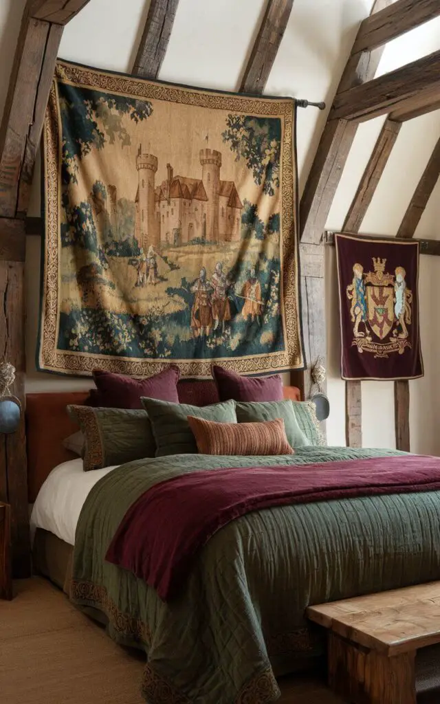 A photo of a medieval bedroom with a cozy bed. The bed is framed by a woven tapestry hanging above the headboard, which showcases a castle scene with knights and lush greenery. The bed is draped with rich green and burgundy bedding, and there are plush pillows adding comfort. The walls feature exposed wooden beams, enhancing the rustic medieval feel. A smaller tapestry depicting a family crest hangs to the side, and a wooden bench at the foot of the bed completes the look.