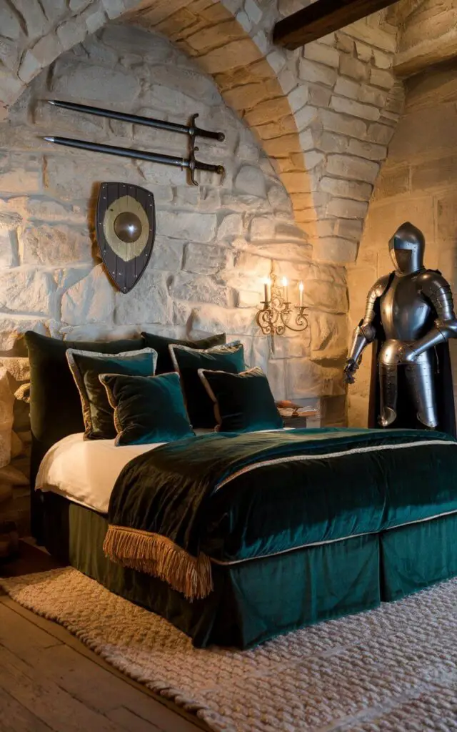 A photo of a medieval bedroom with a cozy bed draped in dark green velvet and gold-accented pillows. The bed sits against a stone wall adorned with a mounted sword and shield. A suit of armor stands proudly in one corner, adding an authentic medieval touch. The wooden floor is softened by a thick, wool rug, and wrought iron sconces illuminate the room in a warm glow.