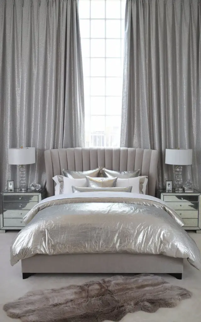 A photo of a glamorous minimalist bedroom with a tall window. The window has silver metallic curtains that reflect light and add a sense of luxury. The room features a cozy upholstered bed with a wingback-style headboard in light gray fabric, layered with white and metallic silver bedding. There are crystal bedside lamps on mirrored side tables. A plush faux fur rug is placed on the floor for added comfort.