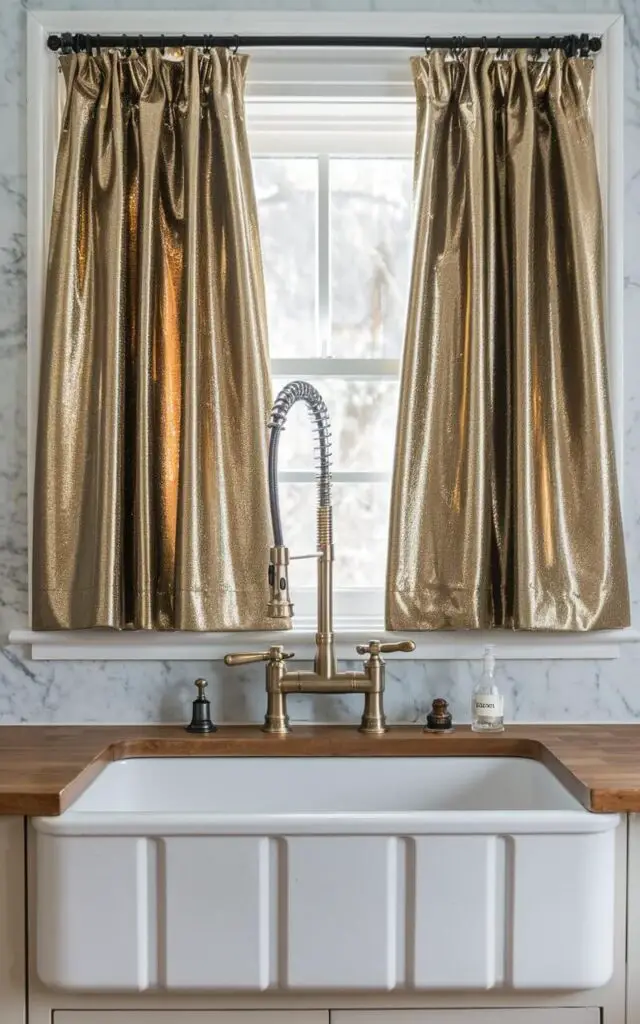 A photo of a chic farmhouse kitchen sink with a high-arc gold faucet. The sink is placed below a metallic gold shimmer kitchen window curtain. The curtains frame the sink and add a touch of glamor. The background contains a marble backsplash and wooden countertops.