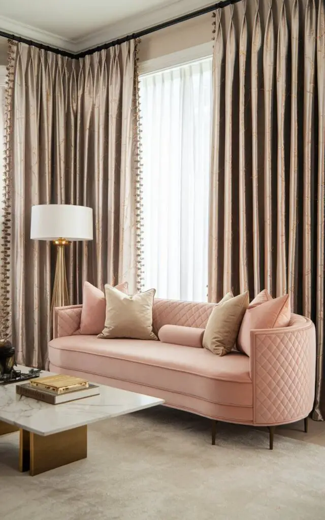 A glamorous living room with champagne-colored curtains featuring subtle metallic threads. A very cozy blush-pink sofa with quilted detailing is accented with gold and silver throw pillows. A marble coffee table with brass legs and a gilded floor mirror amplify the space's chic, high-end appeal.