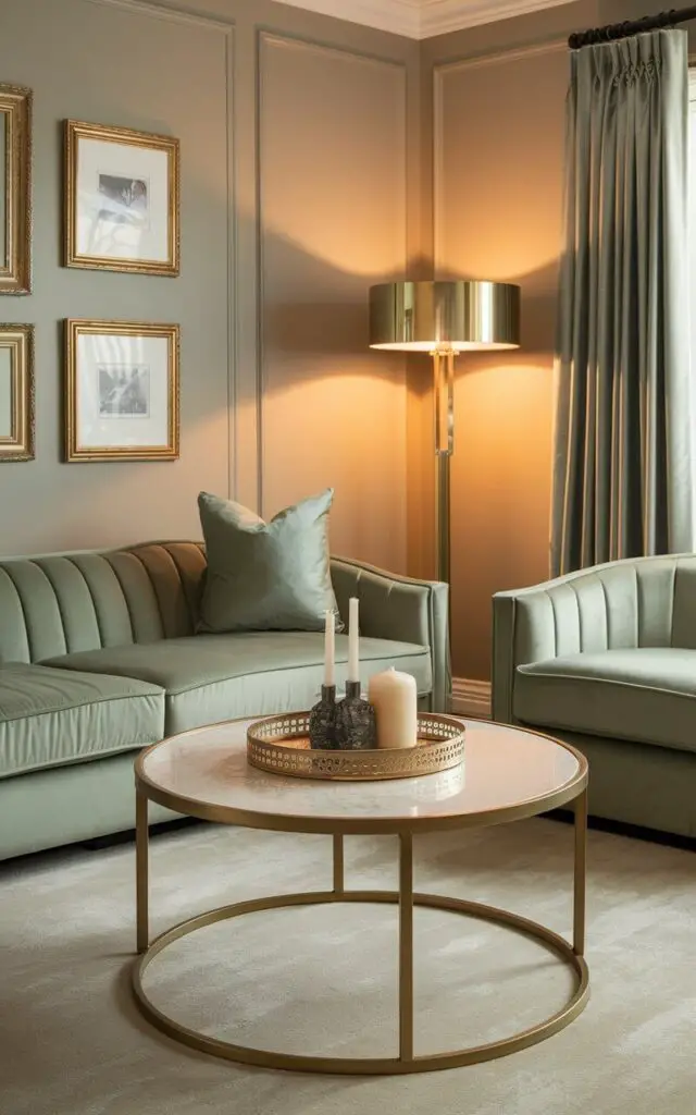 A photo of a sophisticated sage green living room with metallic gold accents. The room has a cozy velvet sage green sofa and a round gold-framed coffee table holding a decorative tray and candle. The walls have gold picture frames. There is a matching floor lamp that casts warm light over the space. The room has neutral walls and a soft beige area rug.