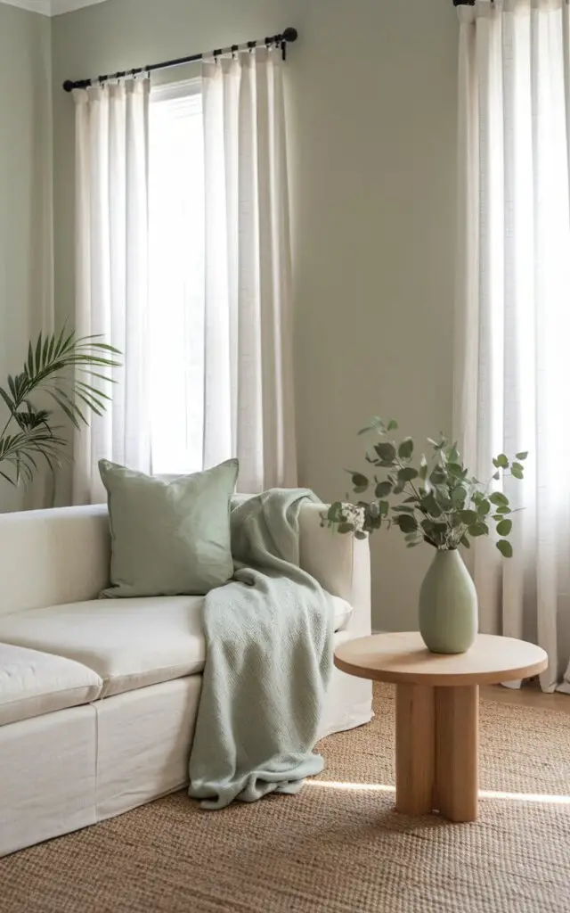 A photo of a serene and minimalist sage green living room with clean lines and an uncluttered design. There is a very cozy off-white sofa with a single sage green throw pillow and a soft wool blanket. A small wooden coffee table holds a sage green single vase with greenery. The walls are painted a pale sage green, complemented by natural light streaming through simple white curtains. A jute rug and a single potted plant complete the understated yet elegant look.