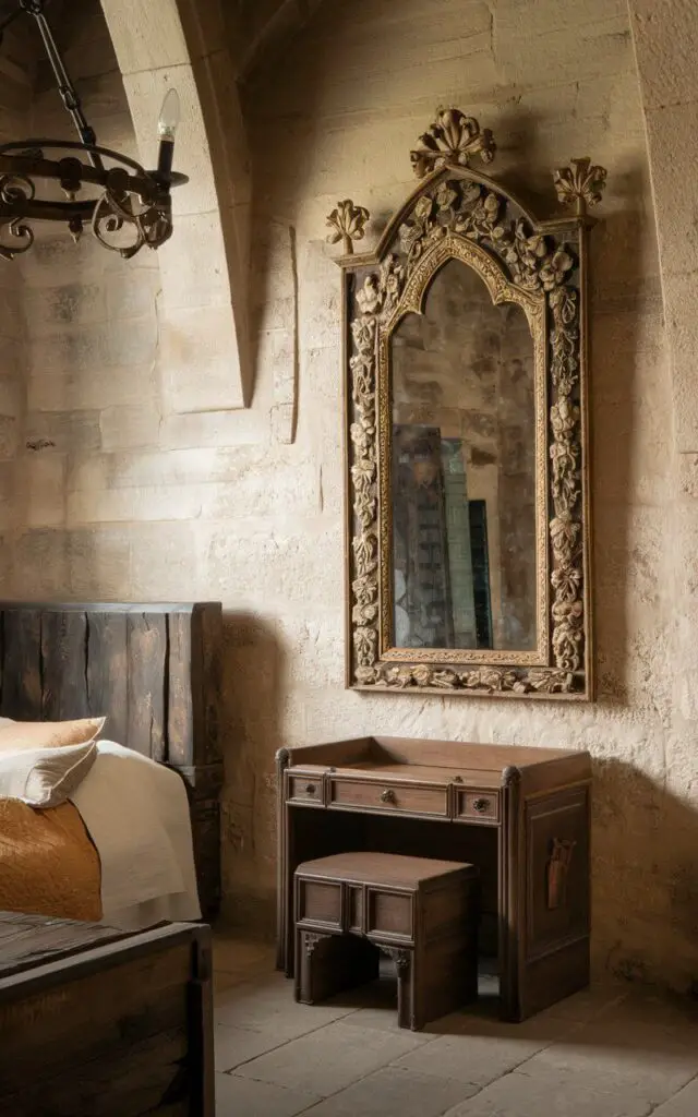 A photo of a medieval bedroom with a cozy bed and a grand, antique mirror mounted on the wall. The mirror has an ornate, gilded frame with intricate floral carvings. The room's stone walls and heavy wooden furniture are illuminated by the soft glow of a wrought iron chandelier. A small wooden vanity with a matching stool sits beneath the mirror, adding a functional and elegant touch.