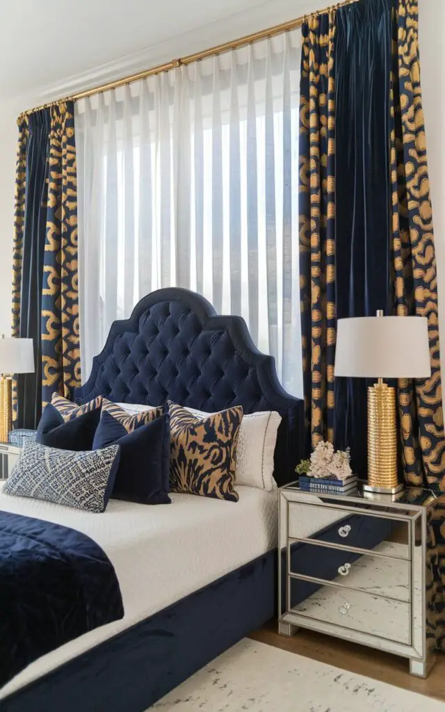 A photo of a vibrant bedroom with a mix-and-match window curtain. The curtain combines a sheer white layer with bold, patterned panels in navy and gold. The curtains add a dynamic and personalized touch, enhancing the room's eclectic decor. A very cozy upholstered bed with a tufted velvet headboard in deep navy anchors the space, dressed with a mix of solid and patterned throw pillows. A mirrored nightstand with a gold-accented lamp completes the whimsical yet elegant look.