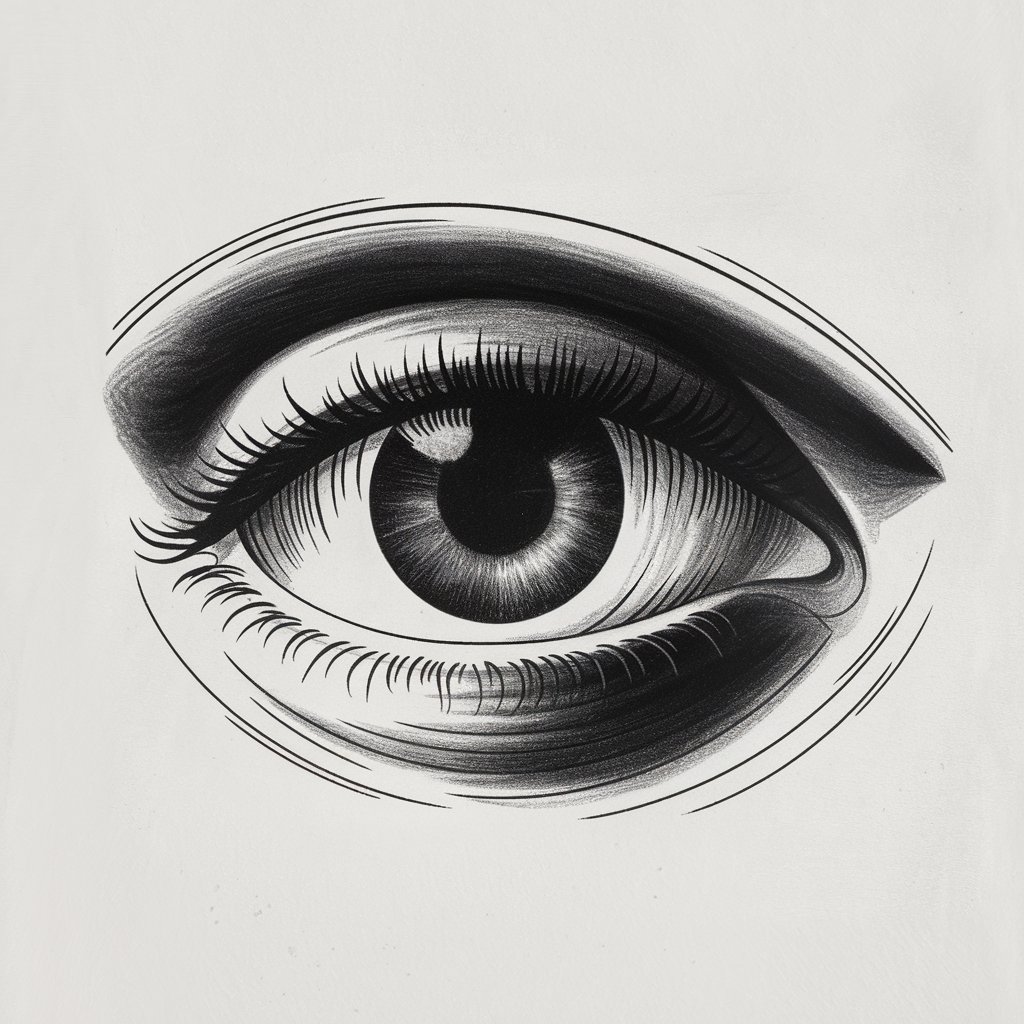 A minimalist pencil drawing illustration of a black-and-white eye on a plain white background. The eye has a dramatic shading with a richly dark pupil and iris. The surrounding lines are bold and clean. The drawing is in a simplistic style, focusing on contrast and simplicity.