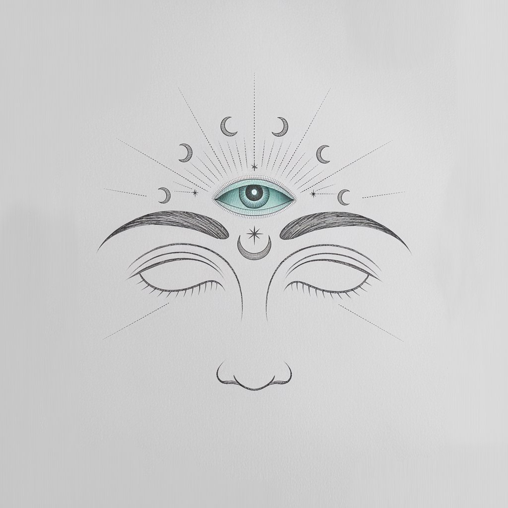 A minimalist pencil drawing on a plain white background, depicting a symmetrical forehead with a mystical third eye at its center. The third eye is surrounded by radiating lines and crescent moon patterns, emphasizing a celestial and spiritual aesthetic. The iris glows subtly in shades of teal, adding a mystical touch to the simplistic design.