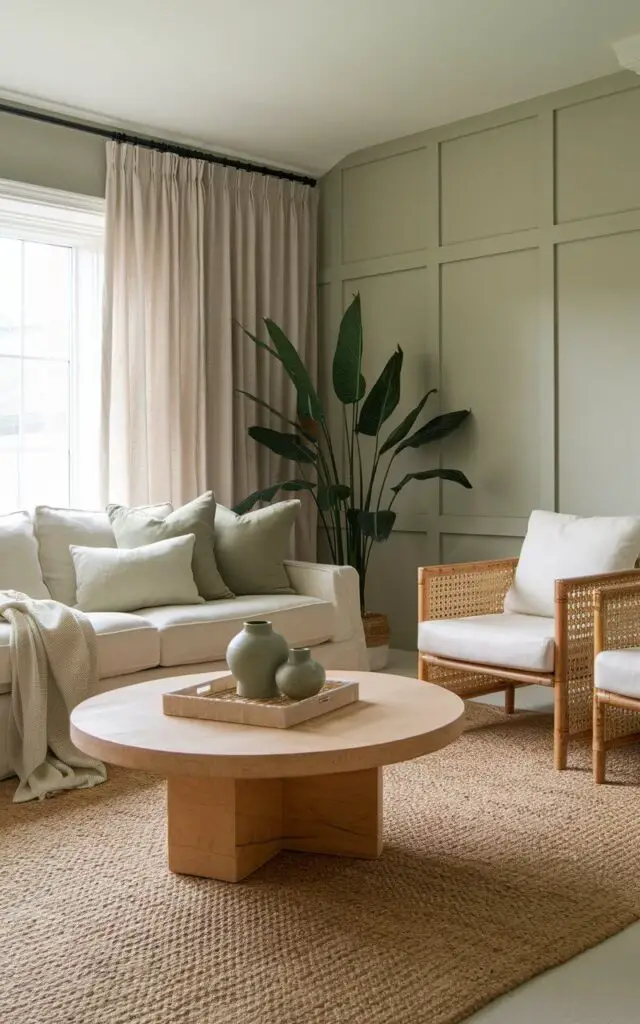 A serene sage green living room showcasing a mix of natural materials and tones. A cozy off-white sofa is layered with sage green cushions and a soft beige throw. The room features a woven jute rug, a wooden round coffee table topped with sage ceramic decor, and rattan side chairs for added texture. The sage green walls are complemented by neutral drapes and a large potted plant, creating a harmonious and organic feel.