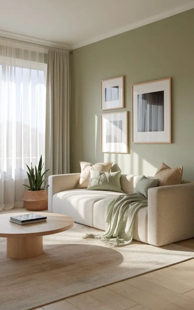 A serene sage green living room with neutral accents. The room features a cozy oatmeal-colored sofa with sage green and beige throw pillows. A round, light wood coffee table sits on a soft, neutral-toned area rug. The sage green walls are adorned with simple wooden frames holding black-and-white artwork. A woven basket planter sits in the corner, adding texture. Sheer white curtains let in natural sunlight, creating a calm and balanced atmosphere.