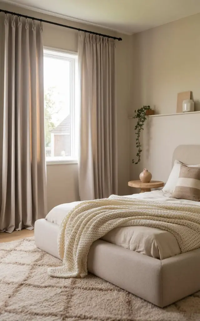 A calming bedroom featuring taupe neutral window curtains hung on a minimalist black rod on a window, blending seamlessly with the soft beige walls. A very cozy upholstered bed with neutral-toned layers, including a knitted cream throw and beige pillows, sits on a plush beige area rug. A natural wood side table, ceramic decor, and a single trailing plant bring warmth and simplicity.