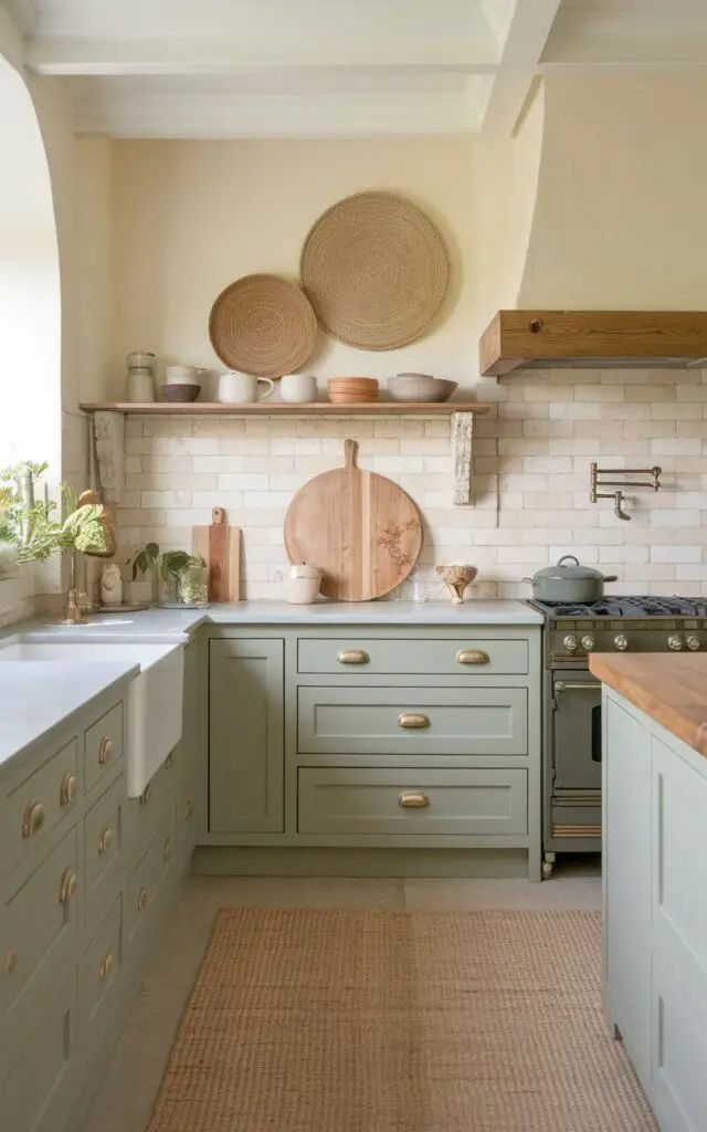 A photo of a serene sage green kitchen with cabinetry in the signature green paired with soft neutral tones. Cream-colored walls and beige countertops complement the green. Woven baskets and wooden accents add texture. The overall effect is calm, cohesive, and effortlessly stylish.