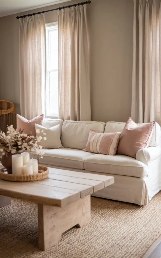 A serene living room with beige linen curtains against a soft taupe wall. A cozy off-white sofa sits invitingly, topped with neutral and blush throw pillows. A rustic wood coffee table with a woven tray holding candles and a dried floral arrangement adds charm. The natural fiber area rug ties the earthy tones together for a cohesive look.