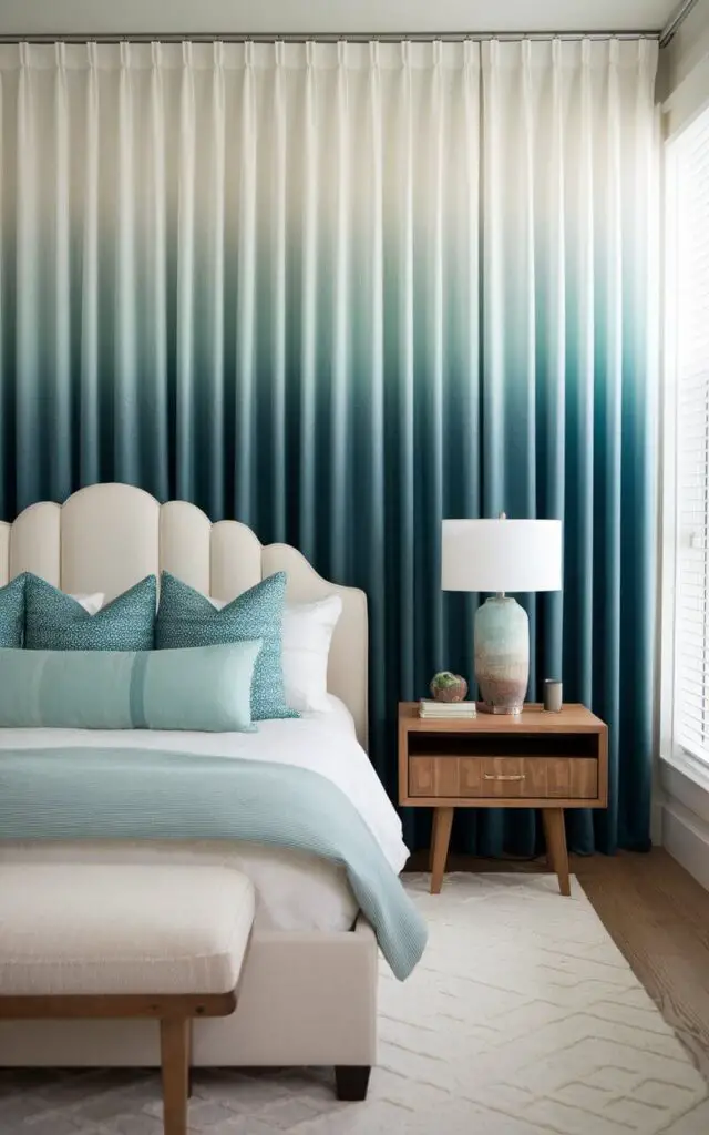 A contemporary bedroom with a deep teal ombre bedroom window curtain that transitions to a soft aqua color at the bottom. The gradual color shift creates a calming and stylish effect, perfectly complementing the room's palette. A very cozy upholstered bed with a scalloped-edge headboard in a light cream fabric sits near the window, layered with teal and aqua pillows for a cohesive look. The wooden nightstand, adorned with a modern lamp and a coastal-inspired vase, adds a touch of warmth.