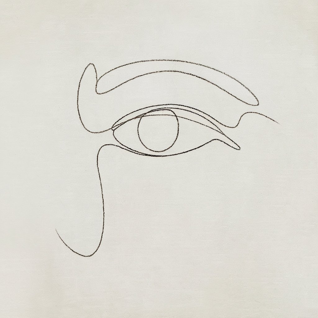 A minimalist, plain white background pencil drawing illustration of an eye created with a single, continuous line. The outline is smooth and unbroken, with a simple iris and lashes implied by curves. Drawn in a simplistic style, it emphasizes elegance in minimalism.