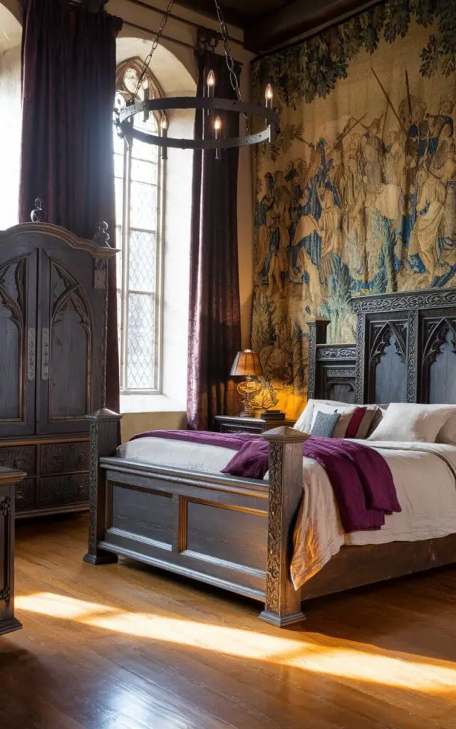 A photo of a cozy medieval bedroom with a large bed. The bed is framed by a dark, ornately carved wooden headboard and footboard. There is a matching armoire and bedside tables in the room, all with gothic-style carvings and iron hardware. The bed is layered with soft linen and deep purple throws. A wrought iron chandelier hangs overhead, casting a warm glow on the polished wooden floor. Heavy curtains frame the tall windows, and a vintage tapestry depicting a medieval battle scene adorns one wall.