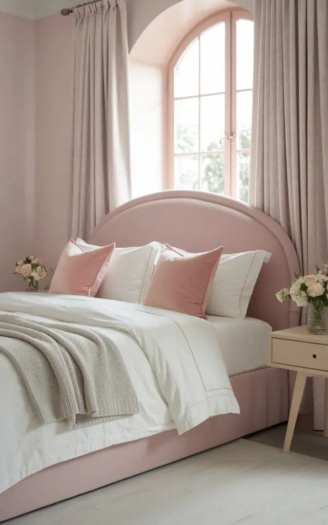 A serene bedroom with a cozy upholstered bed and a gentle blush pink hue. The room has a pastel bedroom window with curtains, providing a soothing and calming atmosphere. The curtains gracefully frame the window, allowing soft, natural light to filter in, enhancing the room’s tranquil feel. The bed is layered with white linens, blush pink throw pillows, and a light gray knitted blanket. A light wood nightstand with a simple vase of fresh flowers adds a delicate, feminine touch, completing the serene and cohesive design.