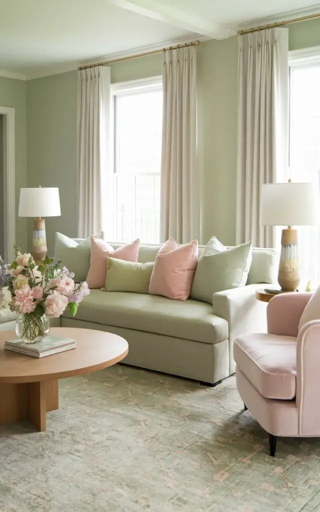 A delicate sage green living room paired with pastel accents like blush pink and soft lavender. A very cozy beige sofa sits at the center, layered with sage green and pastel-colored throw pillows. The wooden round coffee table features a vase filled with pastel blooms, while a light pink armchair adds a pop of color. A patterned rug with soft green and pink tones ties the palette together, creating a serene and inviting space.