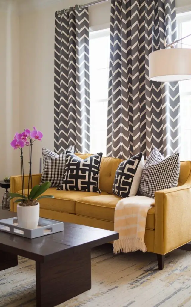 A vibrant living room with patterned blackout curtains in a modern chevron design in gray and white. A cozy yellow sofa is styled with graphic black-and-white pillows and a soft throw. A dark wood coffee table holds a vibrant potted orchid. An oversized floor lamp provides additional lighting.