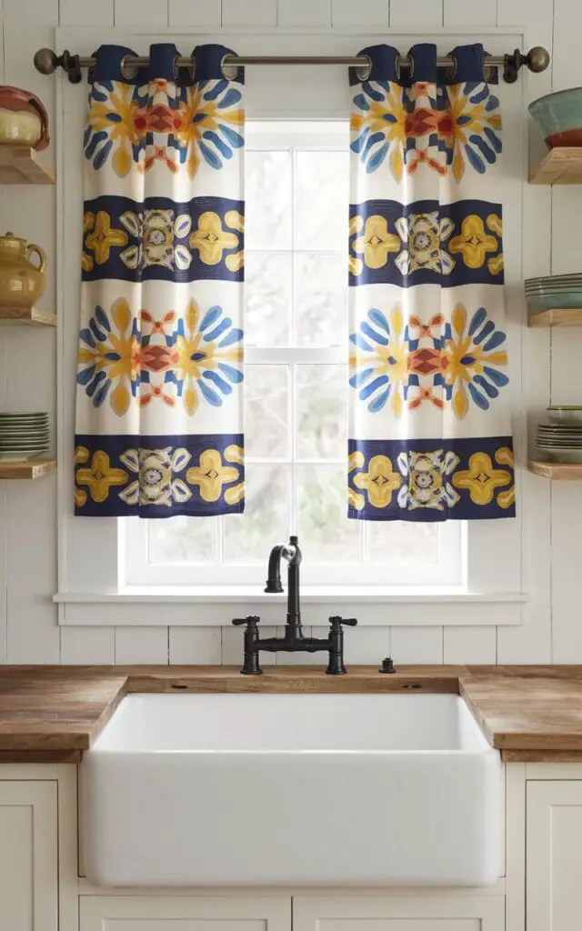 A farmhouse kitchen sink with a matte black faucet. Above the sink is a kitchen window curtain with a colorful and bold pattern. The curtain features vibrant geometric designs in shades of blue, yellow, and white. The rustic wooden countertops and open shelving filled with ceramic dishes complete the cozy, eclectic look.