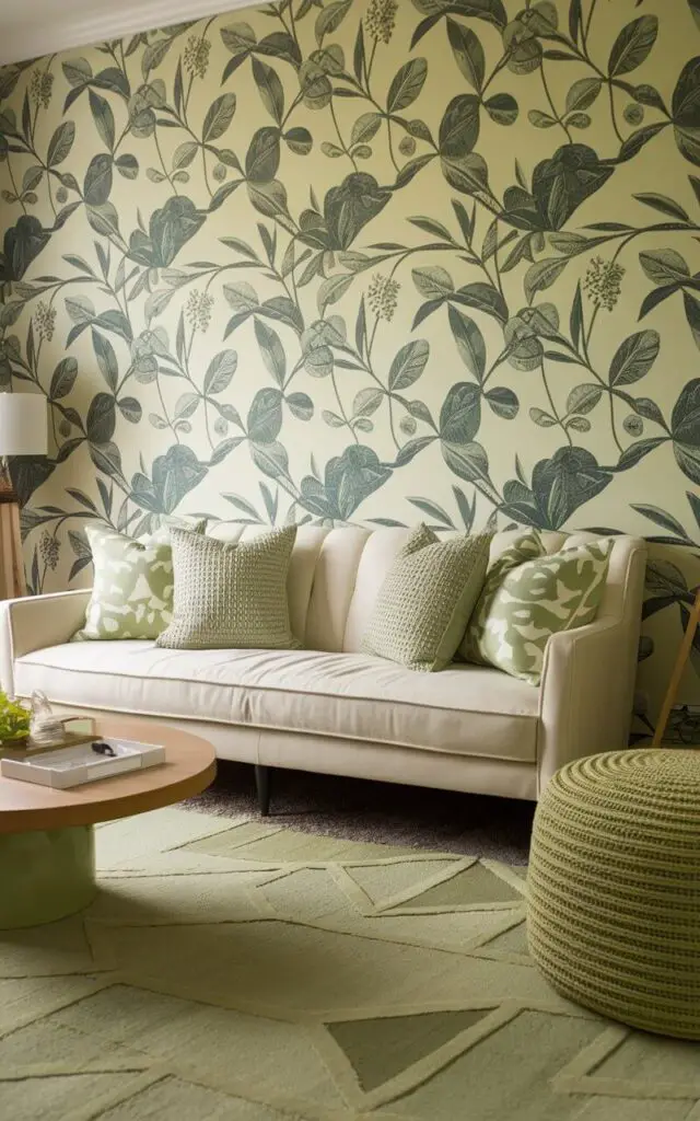 A lively sage green living room featuring patterned wallpaper with botanical prints in sage tones. A cozy cream-colored sofa is styled with patterned and solid sage green cushions. A round wooden coffee table sits atop a geometric sage green rug, and nearby, a tall floor lamp provides functional lighting. The room feels vibrant yet cohesive with its mix of textures and patterns.