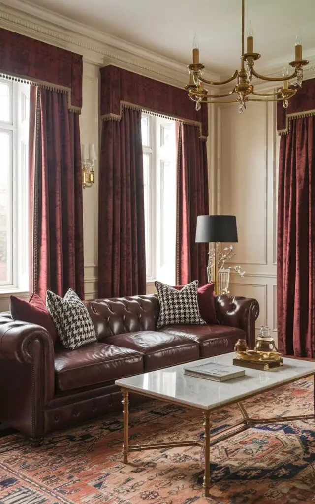 A stately living room with pinch pleat curtains in a rich burgundy fabric. A cozy leather Chesterfield sofa in deep brown is accented with houndstooth and solid cushions. A classic marble-top coffee table with brass legs sits on a traditional Persian rug. A gold chandelier adds an opulent touch.